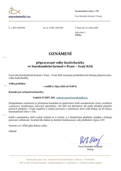 Ohlášení volby faráře ve farnosti Praha - sv. Kříž
